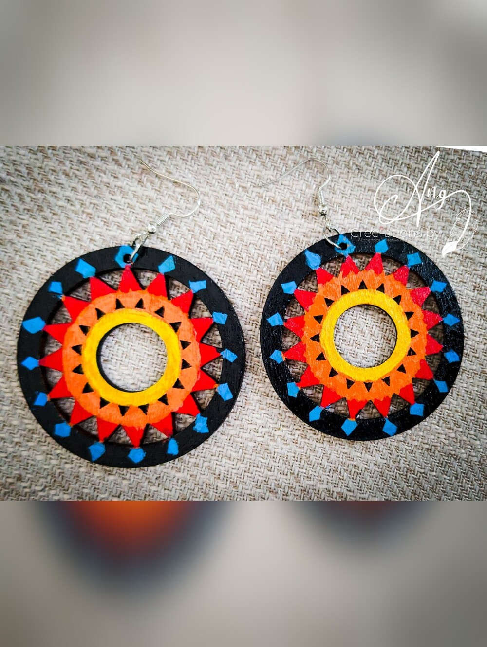 Hand-Painted Sunburst Wooden Hoop Earrings in Indigenous Fire Colors
